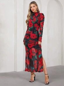 SHEIN Clasi Valentine's Day Spring Of Summer Valentine's Day Elegant Women's Long Sleeved Red Romantic Rose Mesh Sleeve Pleated, Side Slit Waist Cinching Dress, Suitable For Valentine's Day Dressing - Multicolor - View 2