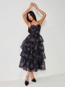 SHEIN PETITE Vestido negro estampado retro con cuello de encaje y diseño multicapa tipo pastel - Negro - Ver 1