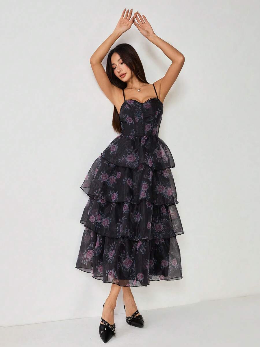 SHEIN PETITE Vestido negro estampado retro con cuello de encaje y diseño multicapa tipo pastel - Negro - Ver 1