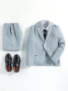 SHEIN 2pcs Set For Tween Boy Gentleman Textured Lapel Collar Long Sleeve Jacket + Trousers Pants, Elegant Formal Outfit For Valentine's Day, Birthday Party, Evening Party, Wedding, Christening, Birthday - Baby Blue - View 3