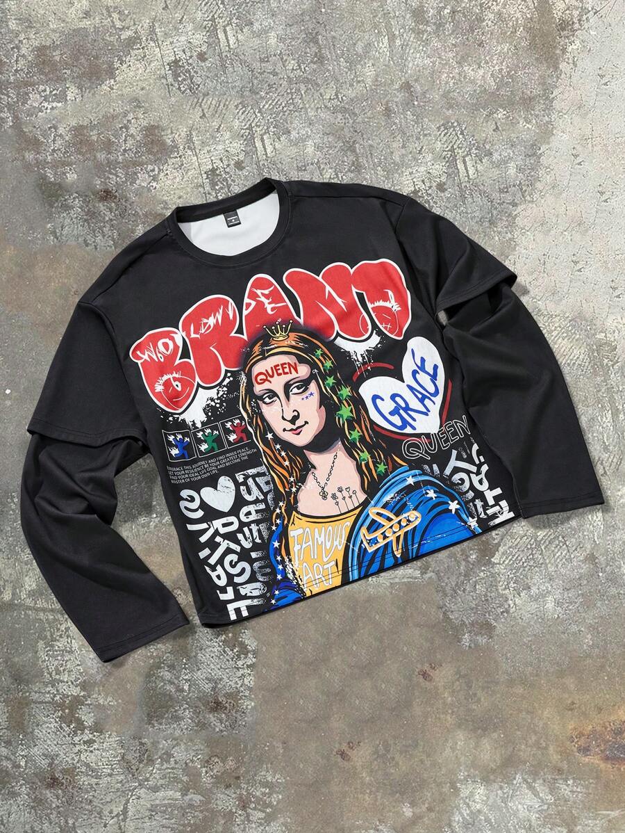Manfinity Roghcode Manfinity EMRG Herren Schwarzes Lässig 2 in 1 T-Shirt, Mona Lisa Gemälde Muster Design Langarm T-Shirt, Weicher Stoff, Grafik Herren T-Shirt, Oversized T-Shirt, Freundesgeschenke - Schwarz - Übersicht 1