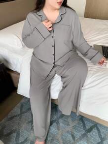 Dazy Plus Solid Color Turndown Collar Loose Pajamas Set, Sleepwear All Season - Grey - View 4