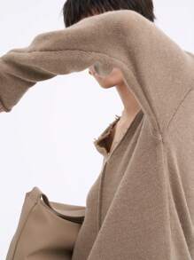 SHEIN Clasi Áo len dệt kim màu kaki cho nữ, thời trang tối giản, thường ngày, mặc hàng ngày vào mùa thu đông - Màu Khaki - Xem 5