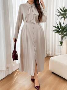 SHEIN Frenchy Vestidos casuales modestos de talla grande, vestido minimalista dorado, apto para uso diario - Albaricoque - Ver 5