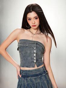 SHEIN EZwear 鈕扣開襟摺疊筒形牛仔上衣 - 中等水洗藍 - 查看 3