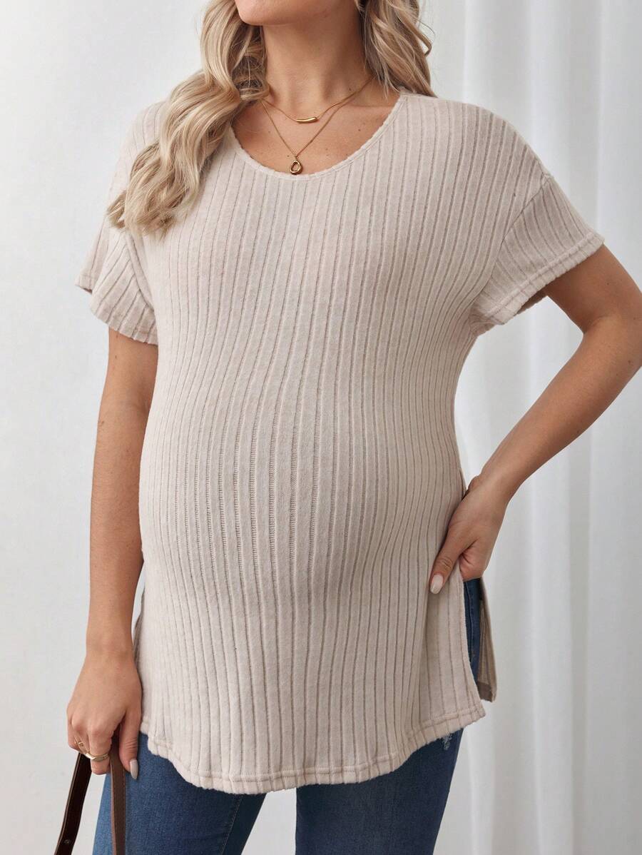 SHEIN Solid Color Round Neck Short Sleeve Slit Casual Maternity Top, Daily Wear - Apricot - View 1