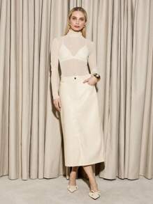 AiiRZ Elegant Sheer Mesh Turtleneck Long Sleeve Layering Top Autumn Winter Holiday Evening Party Modern Fashion Wardrobe Essential - Apricot - View 3