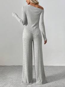 Flirla Tall 女士舒适毛绒不对称肩部 T 恤和阔腿裤 2 件套，适合休闲冬季穿着 - 灰色 - 查看 2