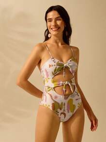 CAJUNI Maillot de bain une pièce pour femmes, style bohème imprimé, pour les vacances, tenue d'été décontractée, plage, avec liens et découpages