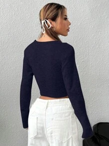 SHEIN Unity 1pc Women Plain Color Long Sleeve Short Cardigan, Casual For Autumn/Winter - Navy Blue - View 2