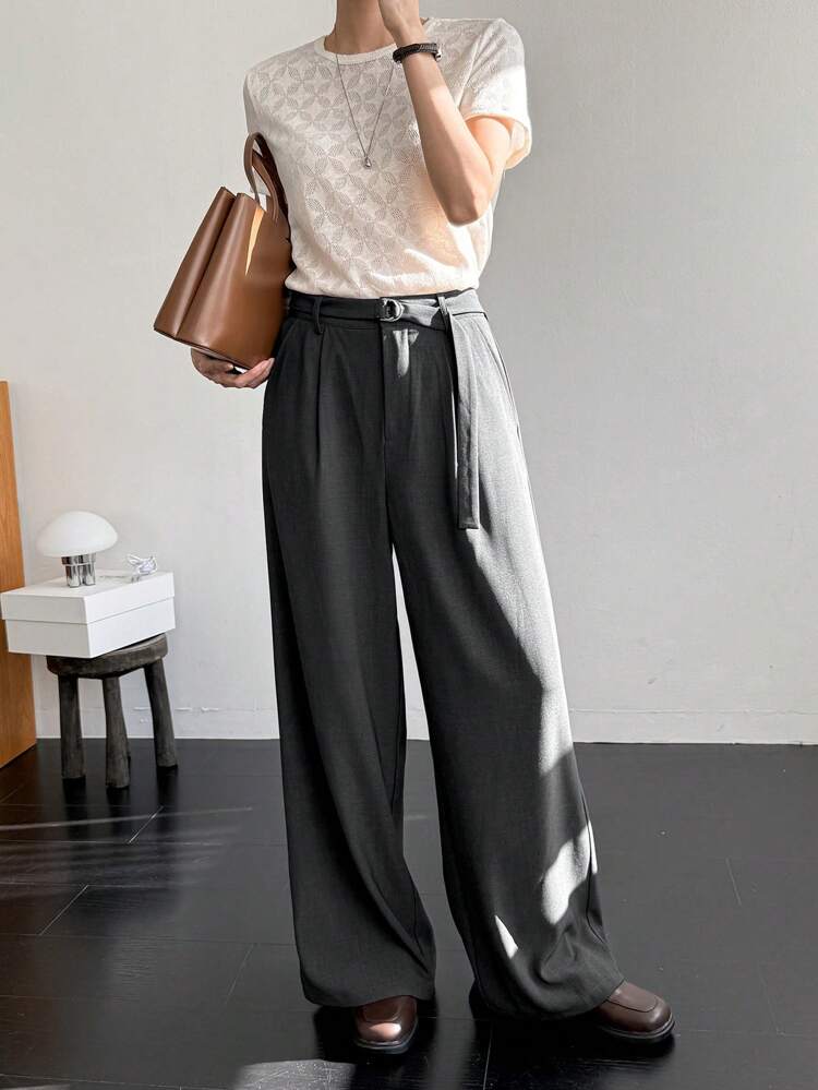 Women Business Casual Loose Minimalist Belted Straight-Leg Pants Old Money,Women Dress Pants
