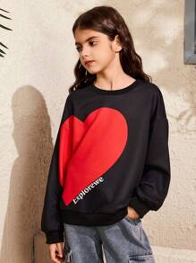 SHEIN 1 Stück Mädchen Rundhals Farbblock Lässig Pullover mit großem Herz, passend für jede Gelegenheit und das Valentinstag-Thema.