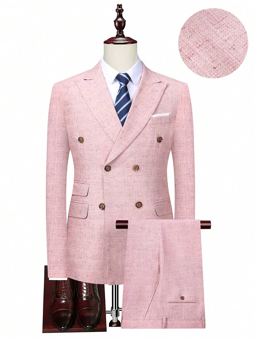 Manfinity Homme Men Casual Collared Double Breasted Blazer And Pants Suit For Autumn - Red - View 1