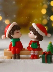 1 Set Mini Cute Christmas Elements Couple Figurines With Mini Stools, Creative Home Decor Ornaments (Stool Style Random) - Multicolor - View 1