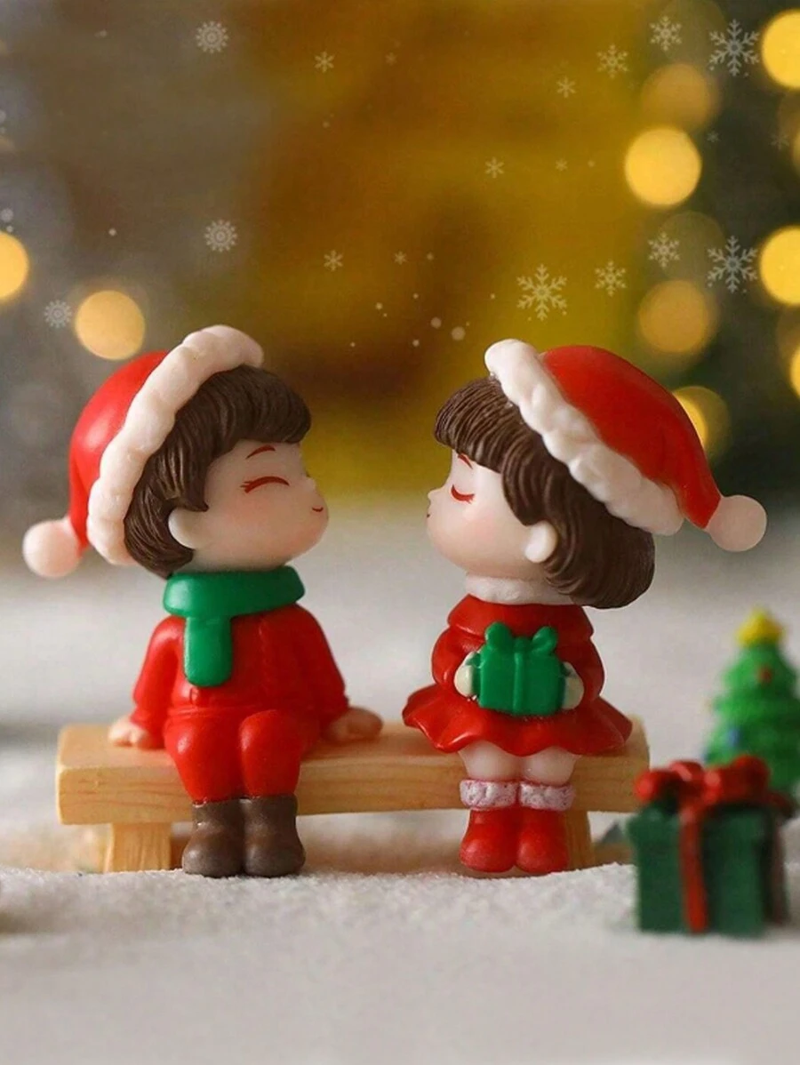 1 Set Mini Cute Christmas Elements Couple Figurines With Mini Stools, Creative Home Decor Ornaments (Stool Style Random) - Multicolor - View 1