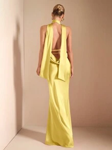 SHEIN BAE Đầm hở lưng buộc dây cổ chữ V sâu gợi cảm thanh lịch, thích hợp cho tiệc cocktail, hẹn hò lãng mạn, lớp lót thu đông, tiệc tùng, đám cưới, Halloween, Giáng sinh - Màu vàng - Xem 9