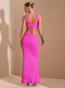 SHEIN BAE Solid Red Knitted Sexy Elegant Minimalist Lace-Up Hollow Tube Top Design Long Dress, Suitable For Graduation Ceremony, Formal Occasions, Cocktail Party, Romantic Date, Autumn/Winter Underdress, Party, Clubbing, Wedding Bridesmaid Dress, Nightout, Halloween, Christmas - Hot Pink - View 2