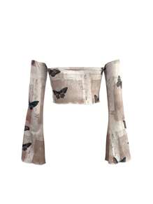 SHEIN Essnce Women's Off Shoulder Long Sleeve Butterfly Print Casual Blouse Fall Cloth For Women