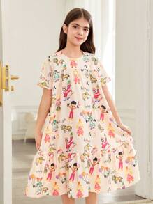 SHEIN Tween-Mädchen Lässiges Midikleid mit Cartoon-Graffiti-Print und Rundhalsausschnitt, kurzen Ärmeln und Rüschensaum