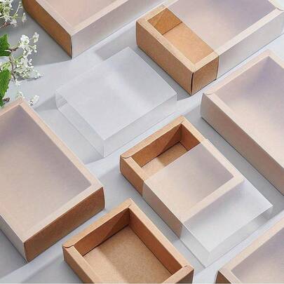 12 juegos de cajas de regalo de papel kraft con funda de PVC, caja de empaquetado rectangular, color marrón, desplegada: 23.9x23.7x0.05cm, caja: 8.3x8.3x3.2cm, tamaño interior: 6.7x6.7x3cm. Adecuado para suministros escolares, bolsas de alimentos, cajas de alimentos, como dulces, chocolates, galletas, etc., decoración de otoño.