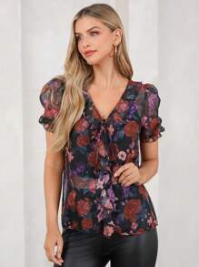 SHEIN Clasi Rose Print Comfortable & Elegant Ruffle Hem Women's Shirt, New Years Women ,New Years Top, Valentine's Day