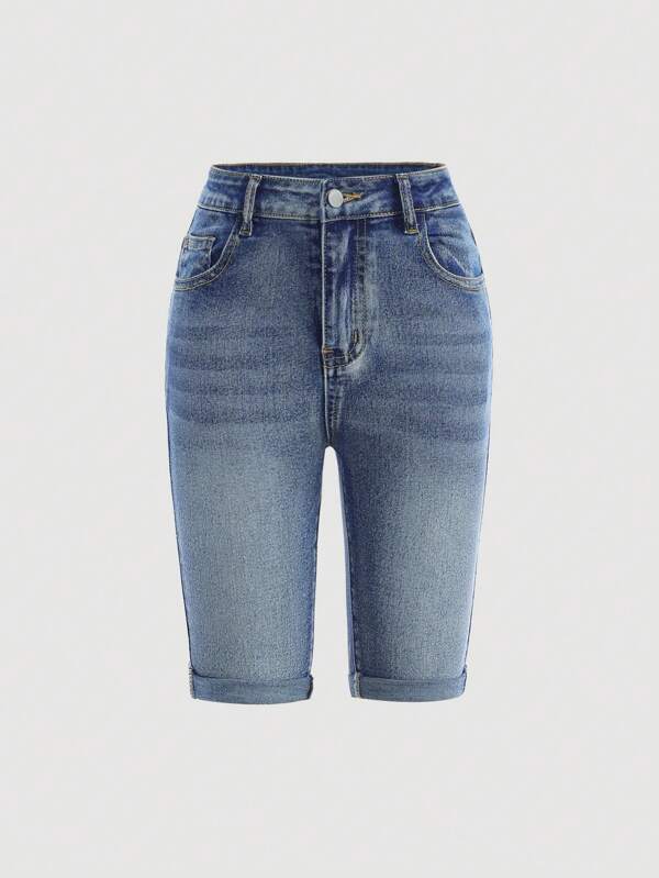 SHEIN Girlism Tween-Mädchen Lässige, schlichte, hochelastische, enge Denim Shorts in Blau mit Katzenschnurrhaaren und Knopfleiste vorne