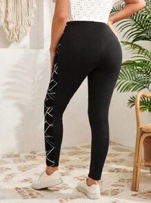 EMERY ROSE Plus Size Women Black Geometric Print Patchwork Casual Leggings,Summer Outfits For Women,Casual Everyday Wear,Vacation Outfits Woman