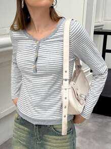 INAWLY Camiseta casual de mujer con rayas y parches, 2 en 1 para otoño