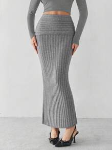 SHEIN Tall Women's Solid Color Fish Tail Hemline Long Sweater Skirt, Autumn/Winter, Tall Women - Grey - View 1