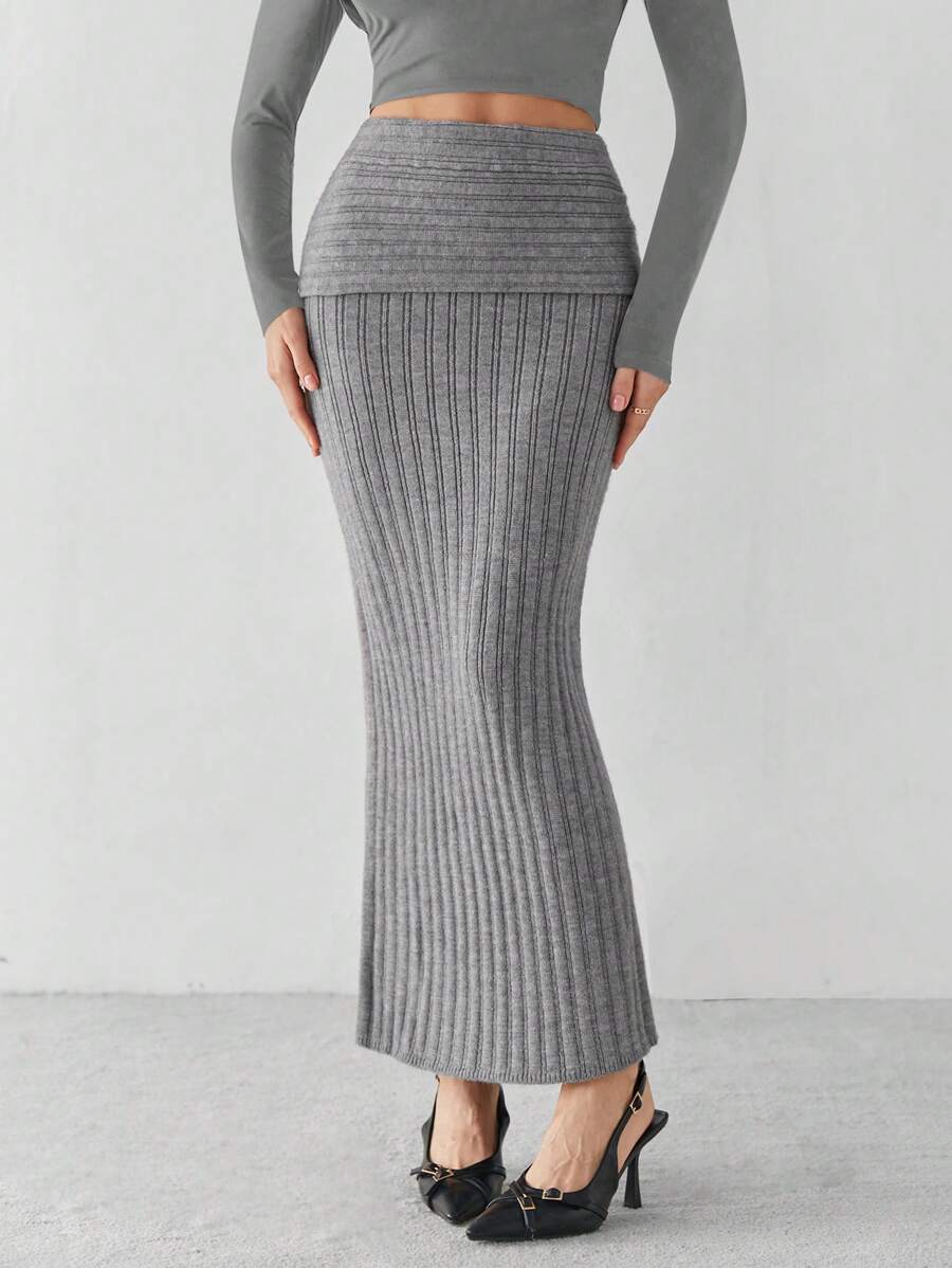 SHEIN Tall Women's Solid Color Fish Tail Hemline Long Sweater Skirt, Autumn/Winter, Tall Women - Grey - View 1