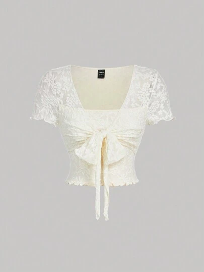 SHEIN MOD Apricot Romantic Elegant Front Tie Detail Summer T-Shirt For Women, Valentine's Day,Western Wear Women,Beach Outfits For Woman,Going Out Tops Women