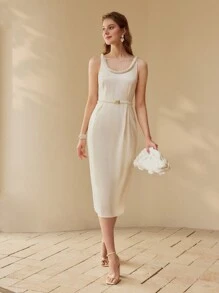 MOTF PREMIUM VESTIDO DE TIRANTES CON DETALLE DE PERLAS FALSAS Y BAJO DIVIDIDO