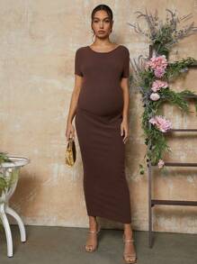 MaterniChic Valentine's Day Solid Color Fitted Maternity Dress With Lace-Up Back - Brown - View 3