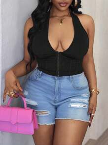 Zolique Women Sexy Lace-Up Button Fake Fishbone Decor Camisole - Black - View 4