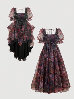 SHEIN MOD Women's Black Goth Floral Organdy Empire Waist Dress,Bustle Adjustability Layers ,Christmas Dress Women,Dresses For Women Elegant,Dresses For Women Party,New Years Dress Women,Graduation Dress,Bow Dress,Valentine Clothes Women