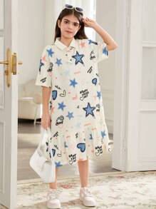 SHEIN Lässiges Straßenmode-Kleid für Tween-Mädchen im Jeans-Optik mit Graffiti-Herz-Grafik, Polo-Kragen, weitem Schnitt, Patchwork und gerafften Ärmeln in Midi-Länge