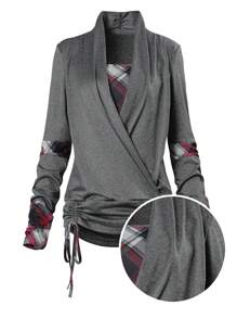 SHEIN LUNE 女士纯色拼接长袖简约衬衫，休闲日常穿着 - 灰色 - 查看 1