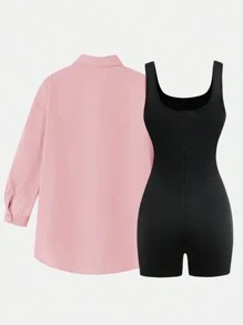 SHEIN Girlism Teen Girls Woven Long Sleeve Shirt & Knit Sleeveless Romper Casual 2pcs Set