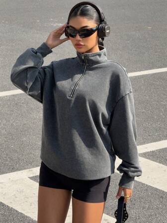 SHEIN EZwear Pull femme col montant zippé à moitié avec détails effilochés
