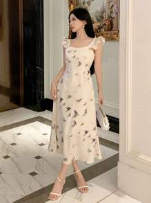DAZY Robe midi à col carré à fleurs avec volant pour femmes, robe de soirée