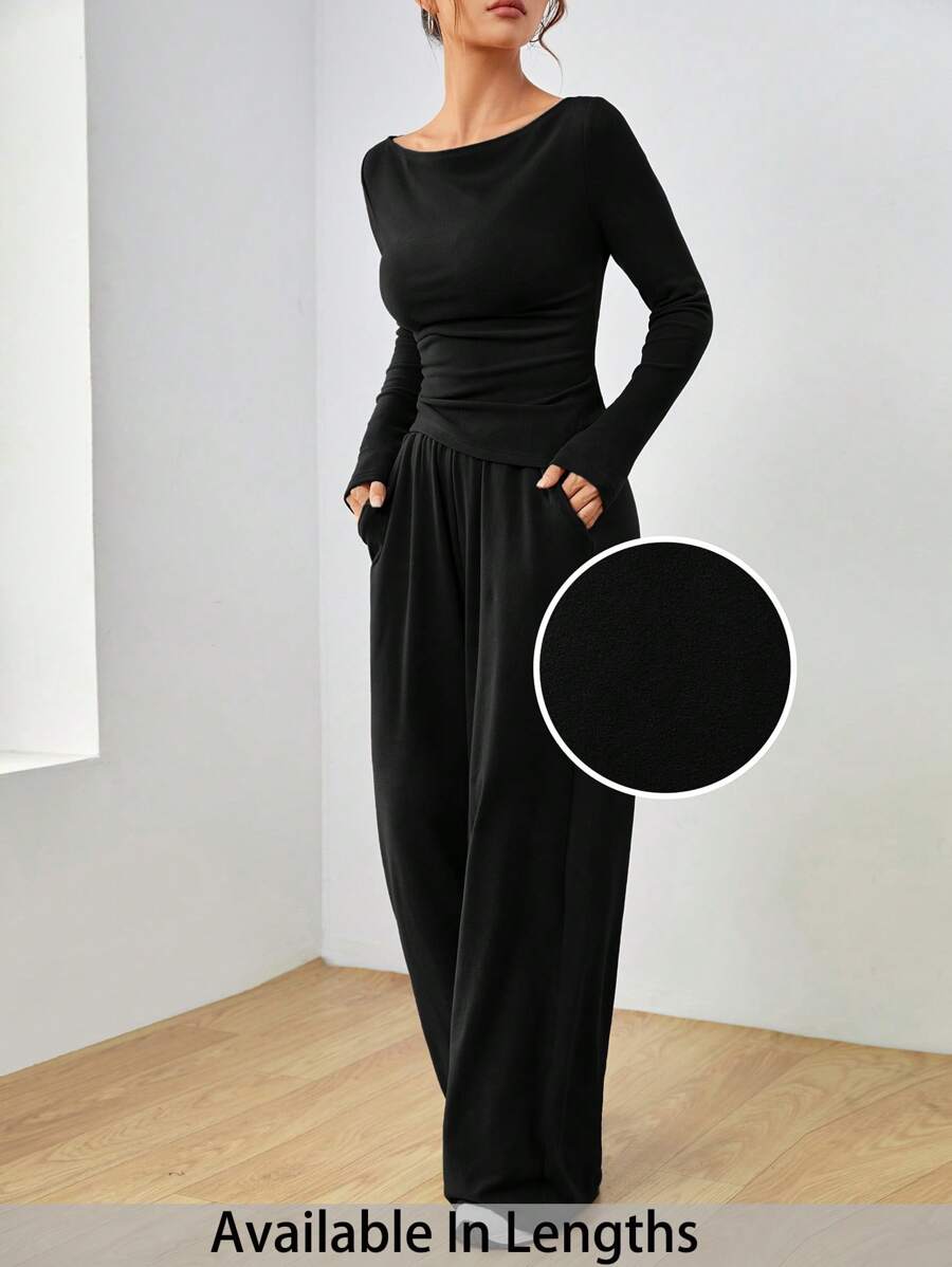 SHEIN Tall CURVE Plus Size Solid Color Long Sleeve Top And Pants 2 Pieces Set, Casual Autumn/Winter