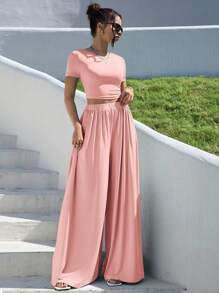 SHEIN Essnce Women Solid Color Round Neck Short Sleeve T-Shirt And Wide Leg Pants Casual Two-Piece Set