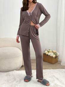 RueChic Women 2 Pcs Viscose Soft Touch Button Front With Contrast Colour Lace Detail Homewear Set - Brown - View 4