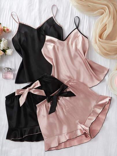 4pcs Set Teen Girls Casual Comfy Color Block Camisole And Shorts Pajama Set