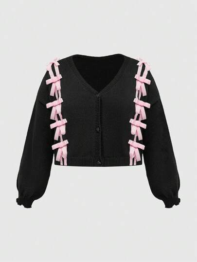 Kawaii Cardigan in taglie comode con fiocco e lavorazione traforata per donne