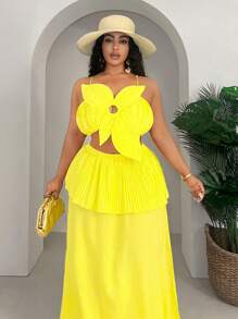 Slaydiva Yr New 2025 Curve Plus Size Women's Romantic Vacation Set: Ruched 3D Floral Camisole Top And A-Line Skirt - 2pcs Maxi Dress Spring/Summer - Yellow - View 5