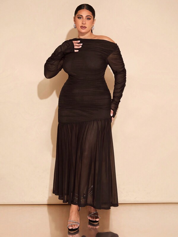 SHEIN BAE Plus Size Ladies Autumn Winter Christmas New Year Elegant Sexy Commuter Party Occasions Black Mesh Tulle Asymmetric One Shoulder Long Sleeves Gathered Ruffled Hem Long Dress
