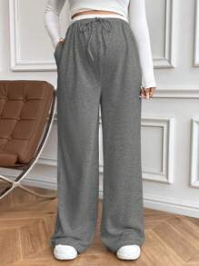 SHEIN Maternity Elastic Waist Drawstring Pocket Wide Leg Loose Casual Pants - Dark Grey - View 5