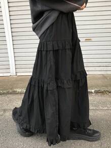 FRIFUL 女士纯色百褶宽松A字裙，适合日常休闲穿着，荷叶边设计，返校季服装 - 黑色 - 查看 4