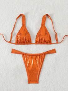 SHEIN Swim 女士蛇皮印花提花性感泳装比基尼套装，适合游泳、夏季海滩、派对和度假 - 棕色 - 查看 5